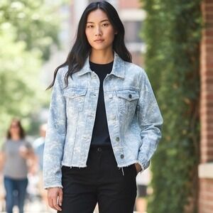 Indigo Saints Women's Tropical Palm Tree Denim Jacket Raw Hem Sz L Boho Chic NWT